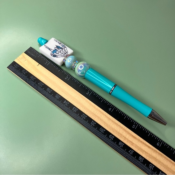 Skeleton Hand Wearing Turquoise Rings Handmade Beaded Pen - Picture 6 of 6